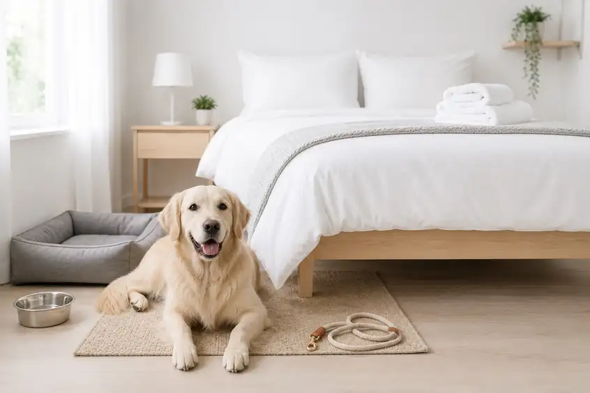 Hund auf einem Teppich im Schlafzimmer